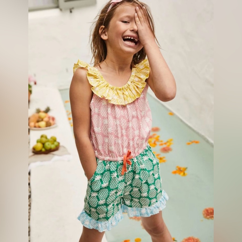 Mini Boden Frill Neck Romper multi color, pineapples, ruffles size 6/7
